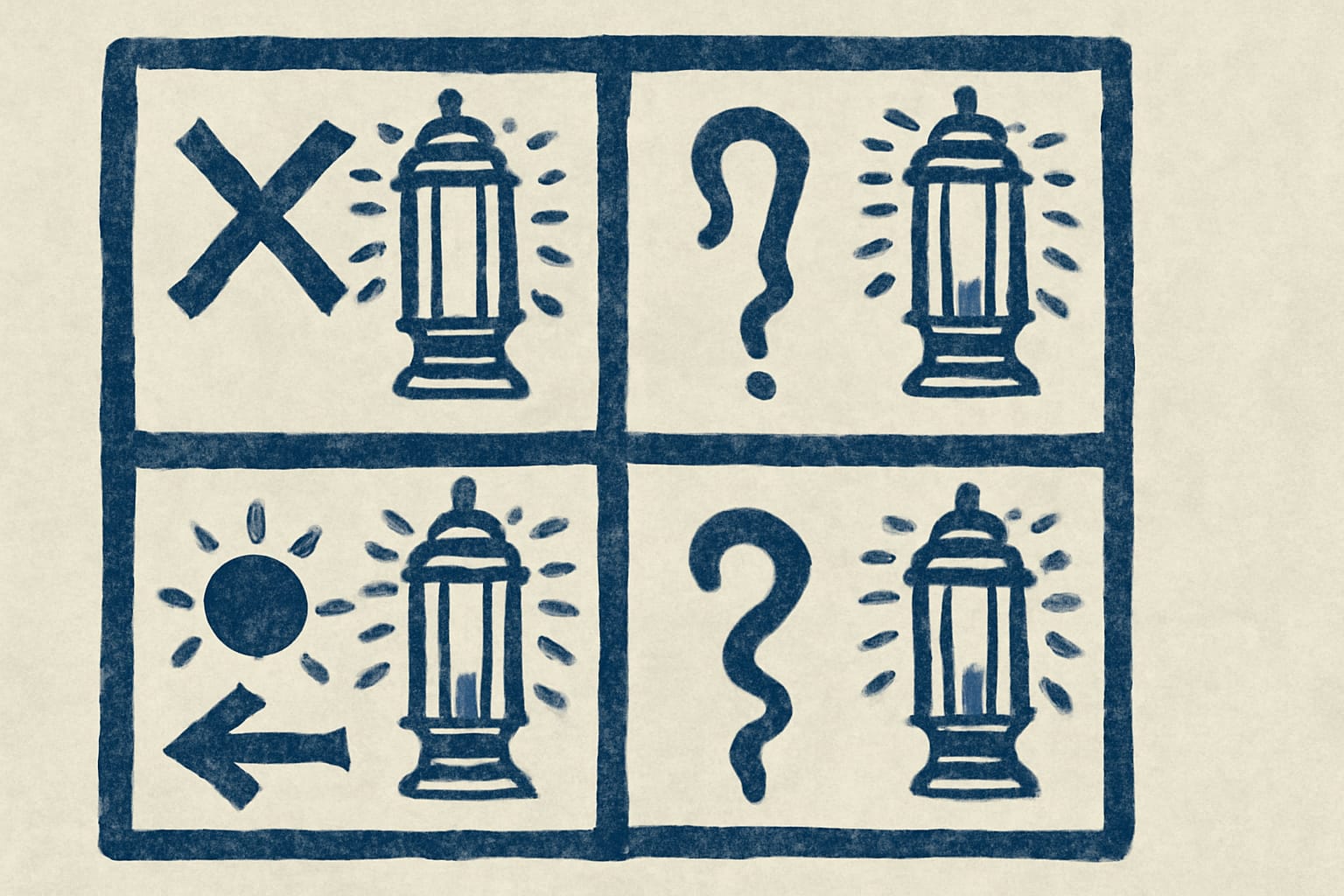 Editorial illustration in woodblock-print style depicting a five-cell matrix of common FHIR Bundle structural mistakes with their detection points