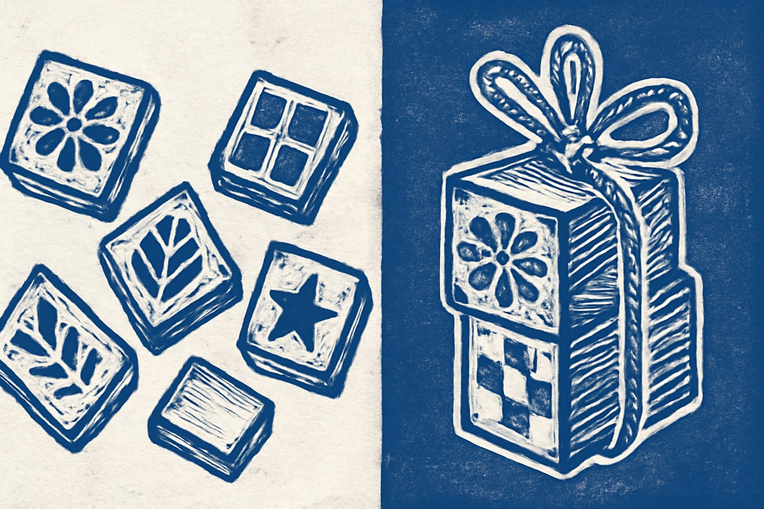 Editorial illustration in woodblock-print style depicting the contrast between a batch Bundle of independent entries and a transaction Bundle committing atomically