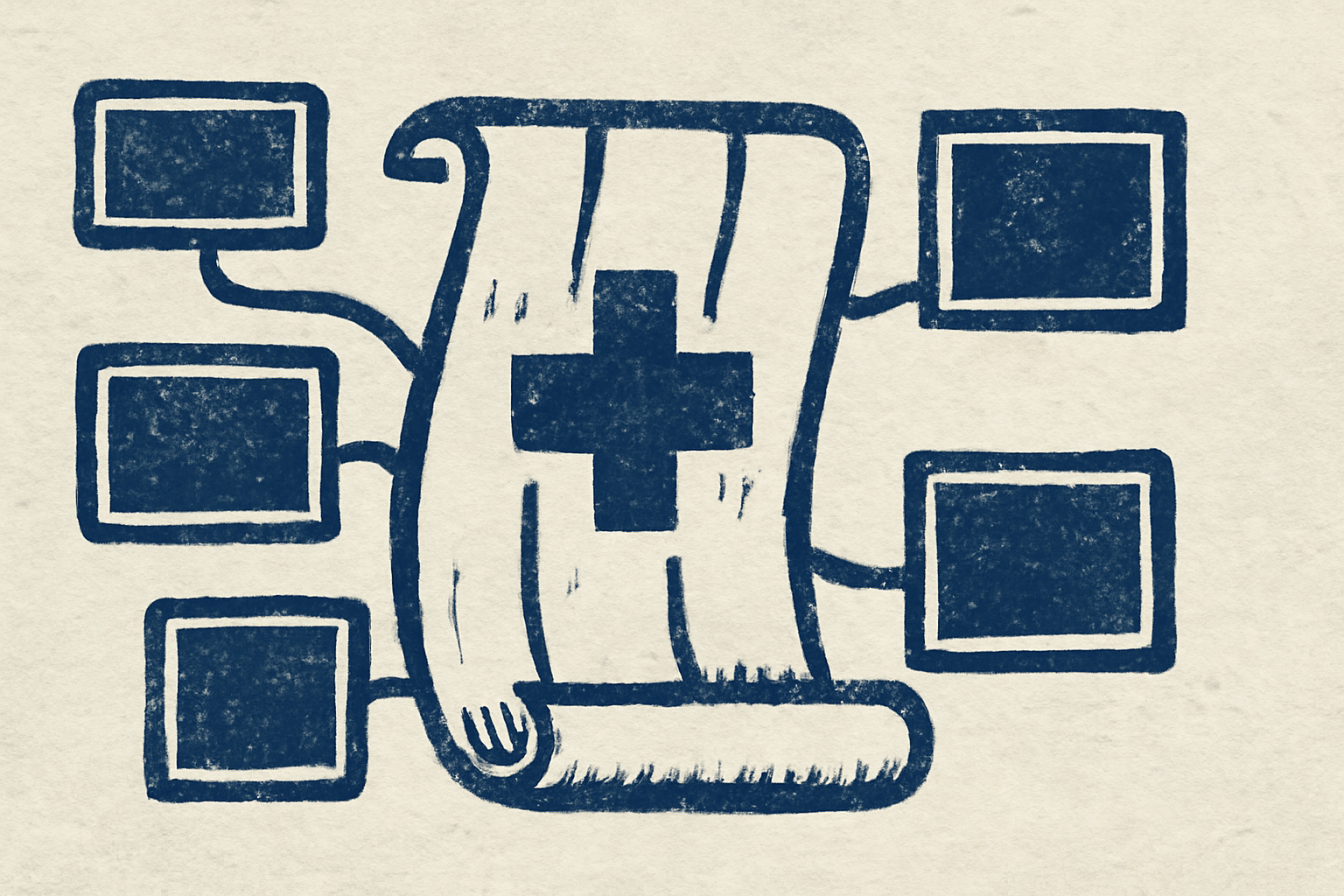 Editorial illustration in woodblock-print style depicting the anatomy of a FHIR OperationOutcome as a four-field reading order