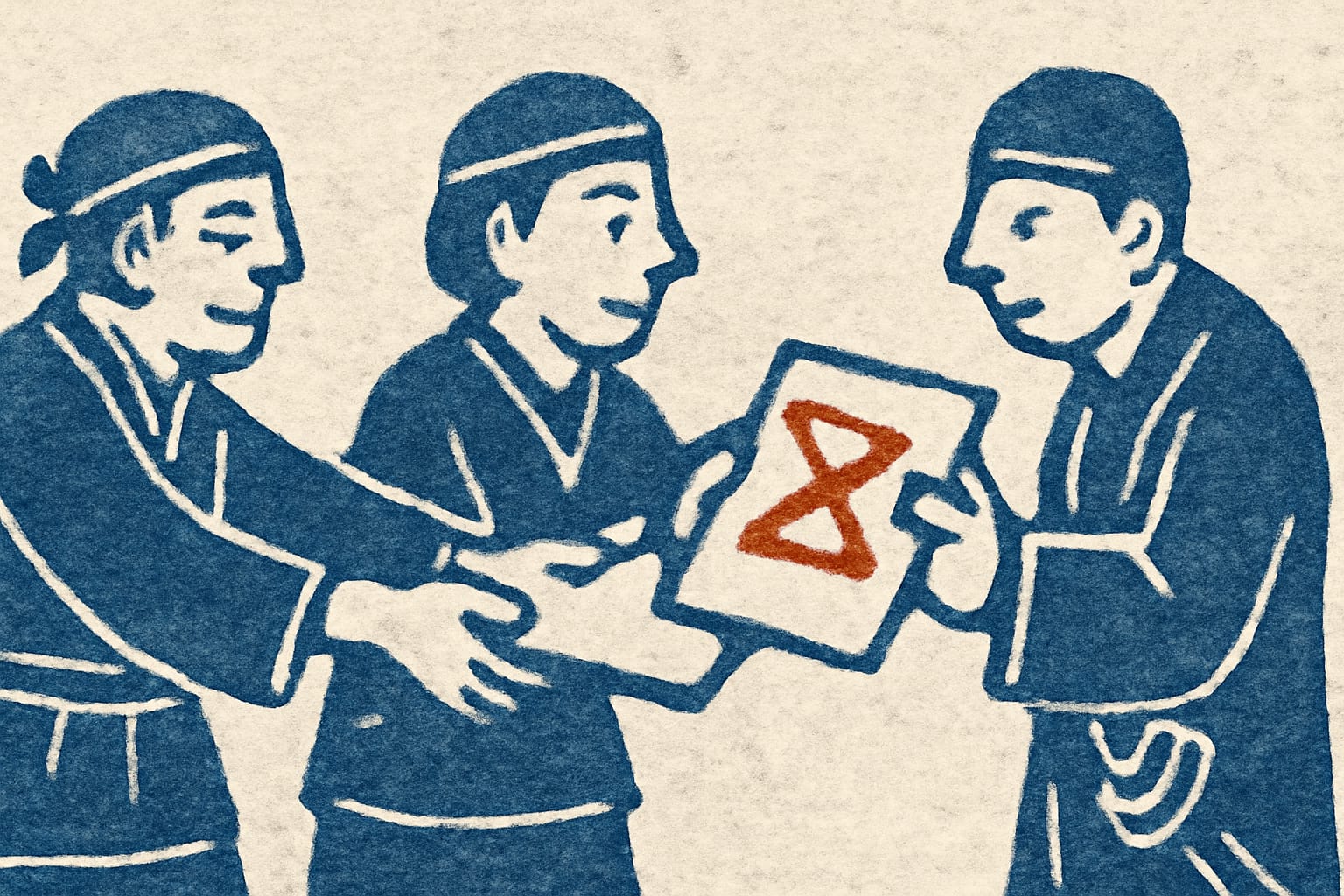 Editorial illustration in woodblock-print style depicting a FHIR Bundle passing local validation but being rejected by a receiver's local profile with an OperationOutcome returning